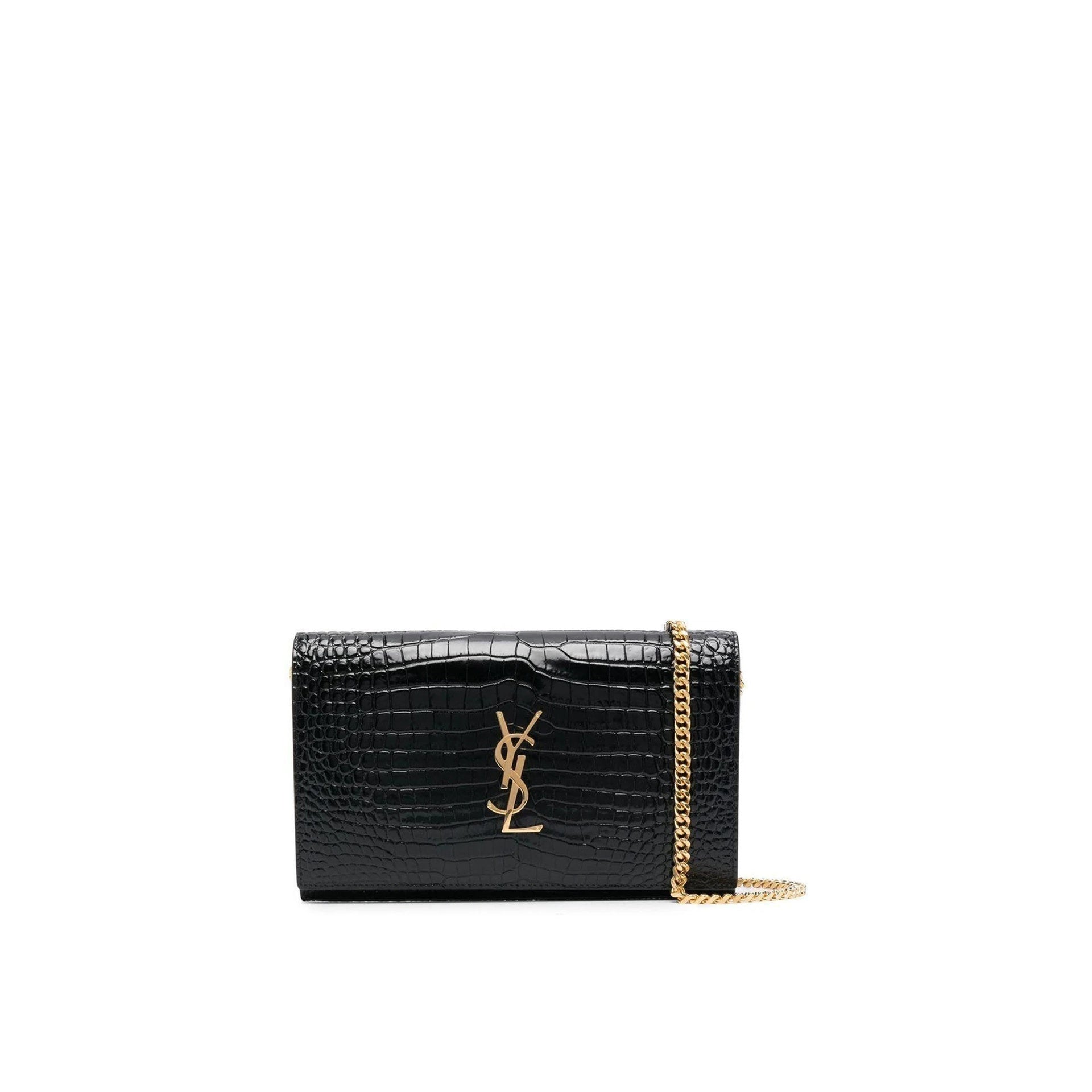 Saint Laurent Cassandre Croc Embossed Leather Chain Wallet